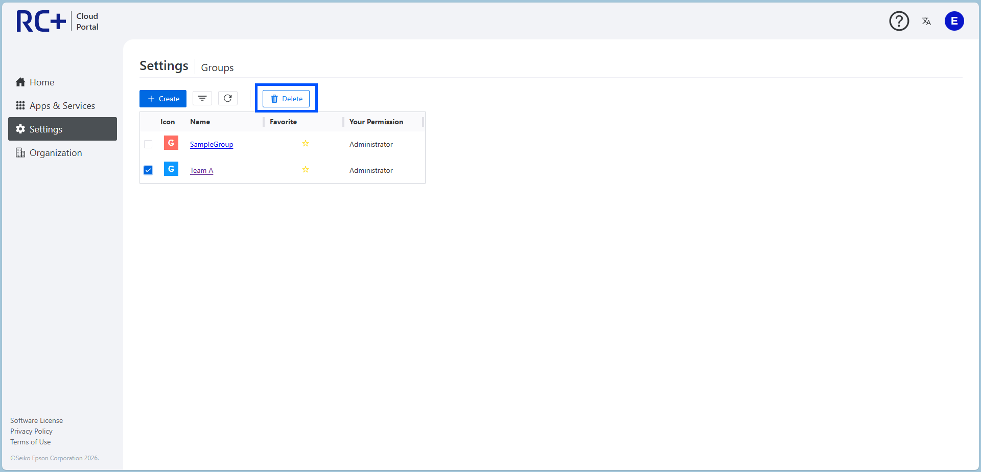 Deleting a group by a user with administrative privileges